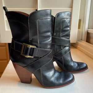 Frye Black Boots with Heel and Gold Buckle 8.5